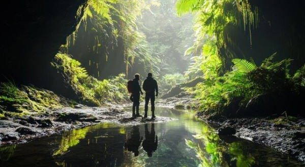 Two hikers standing at a cave entrance looking out into the surrounding wilderness
